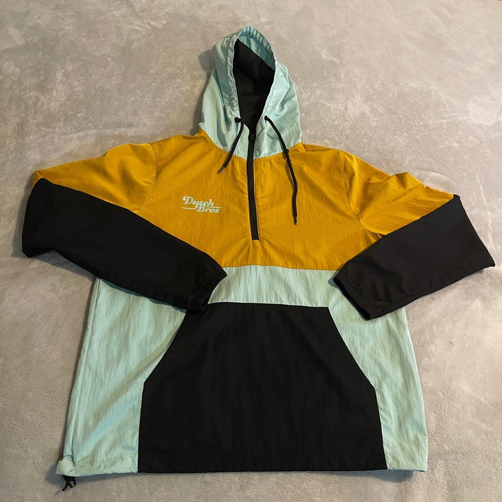 Dutch Bros Coffee Always Stoked Windbreaker Jacket Yellow Blue Black Large Work